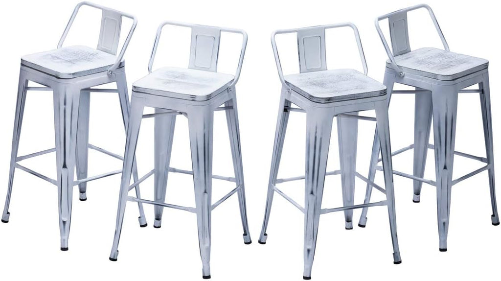 Metal Bar Stools with Back Set of 4 Kitchen Counter Height Stools with Wooden Seat 26" Distressed White