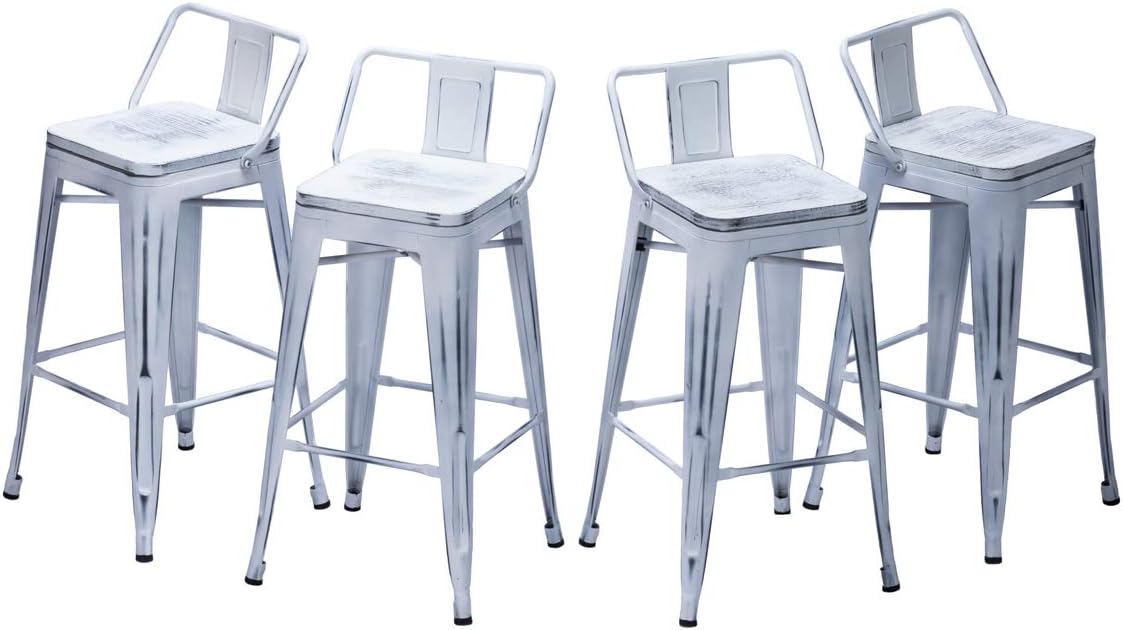 Metal Bar Stools with Back Set of 4 Kitchen Counter Height Stools with Wooden Seat 26" Distressed White
