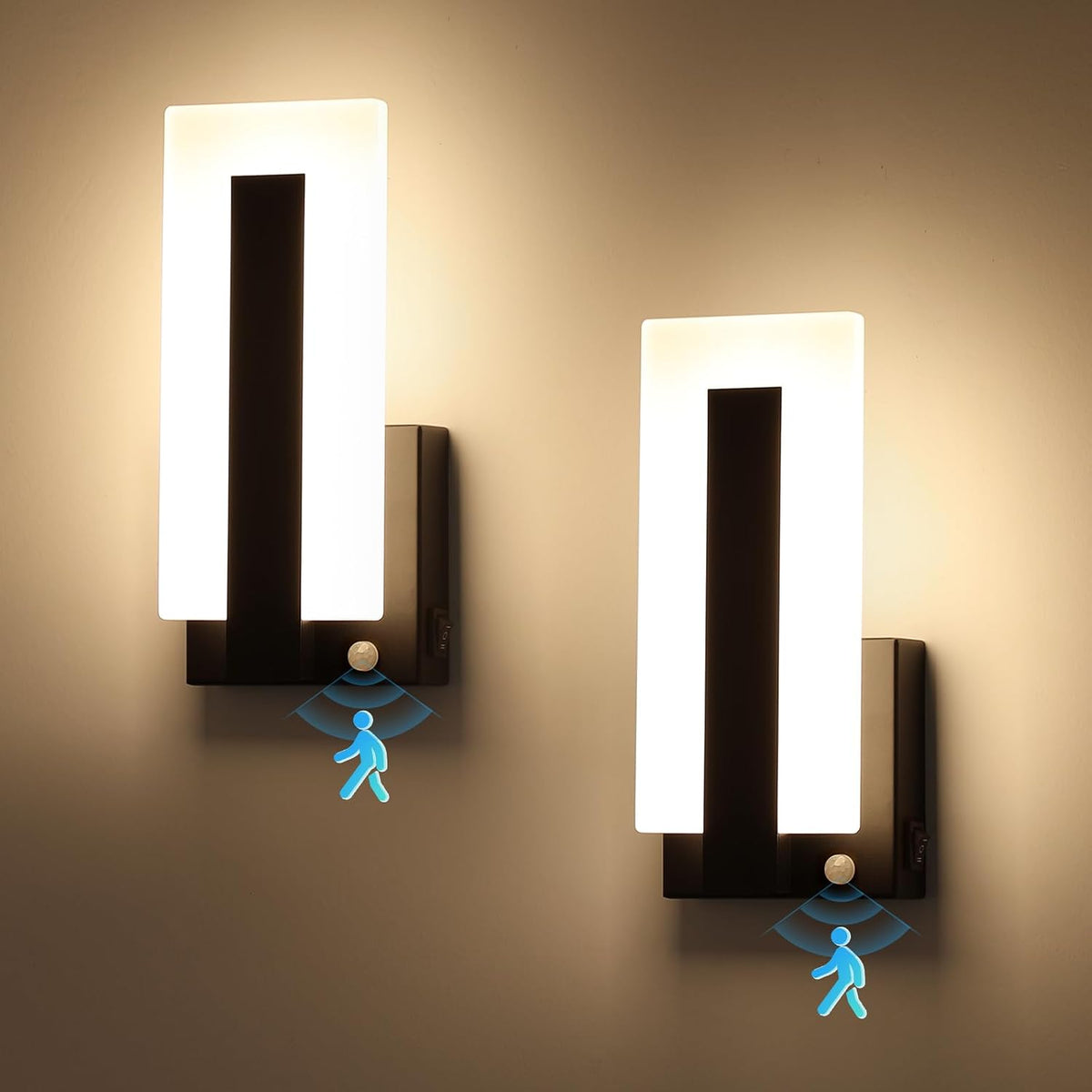 Joosenhouse Wall Sconces Set of Two Hardwired, Black Motion Sensor Wall Light Indoor, Modern Metal and Acrylic LED Wall Lamp 3000K Warm White for Hallway Bedroom Staircase