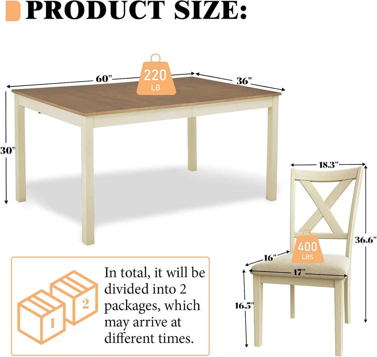 LUXOAK 7-Piece Farmhouse Kitchen Table and Chairs Set for 6, Rustic Cream