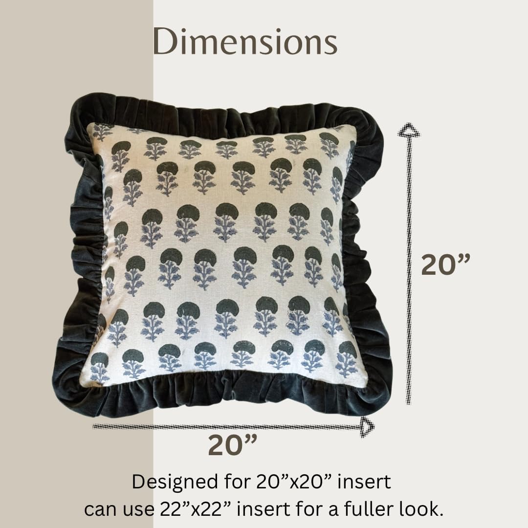 Palm & Loom 100% Cotton Linen Cushion Cover - Aira Decorative Throw Pillow Case with Dark Green & Blue with Ruffle - Modern Traditional Living Room, Bedroom Pillow Cover (Neela, 20" x 20" (Pack of 1))