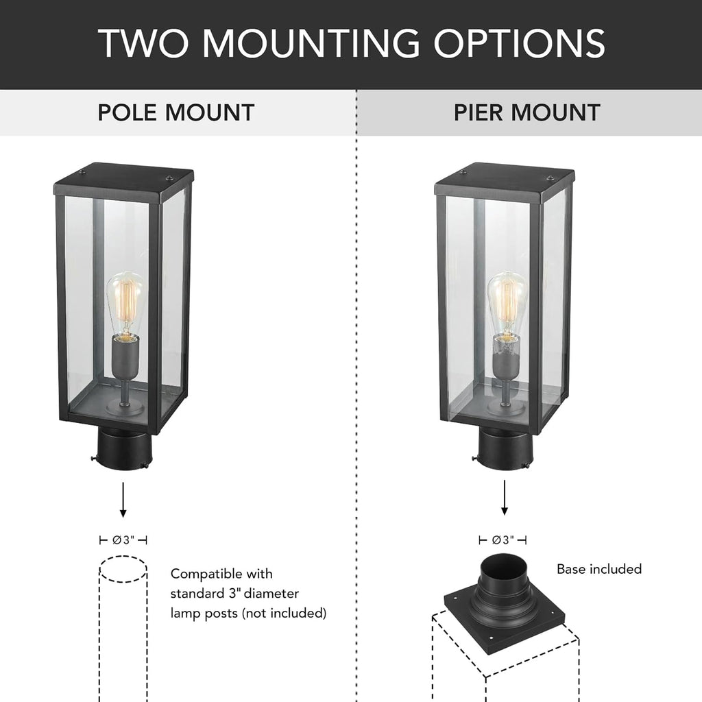Globe Electric 44384 1-Light Outdoor Lamp Post Light Fixture with Base Adaptor, Matte Black, Clear Glass Inserts, Weather Resistant Exterior Lighting, Modern Security Lights, E26 Base