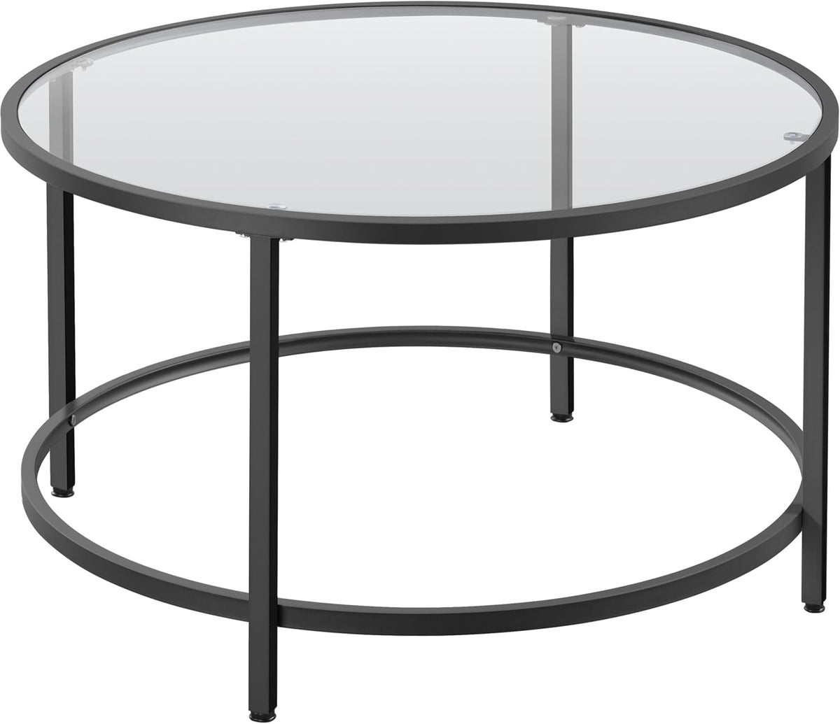 Yaheetech 27.6" Black Round Glass Coffee Table for Living Room, Metal Frame