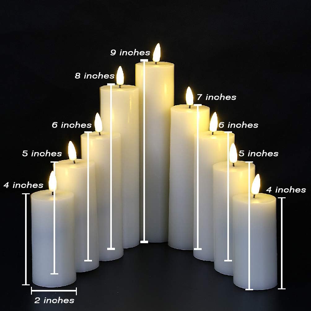 Eywamage Ivory Tall Flameless LED Pillar Candles with Remote Set of 9