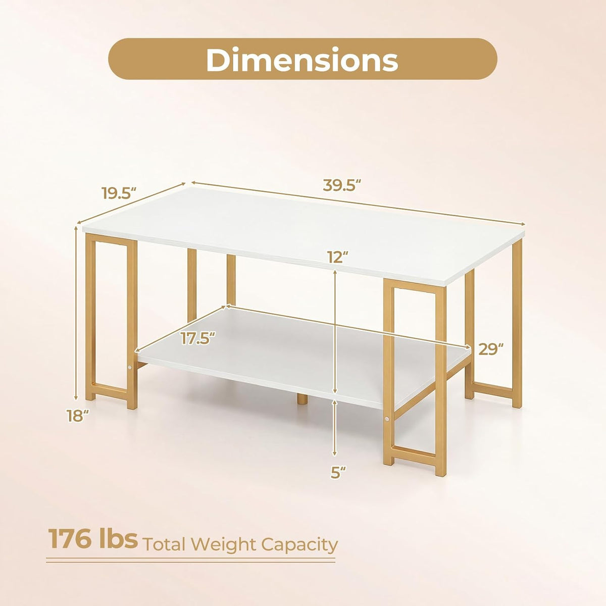 GIANTEX 2-Tier Coffee Table with Storage, 39.5" Center Table, Gold & White