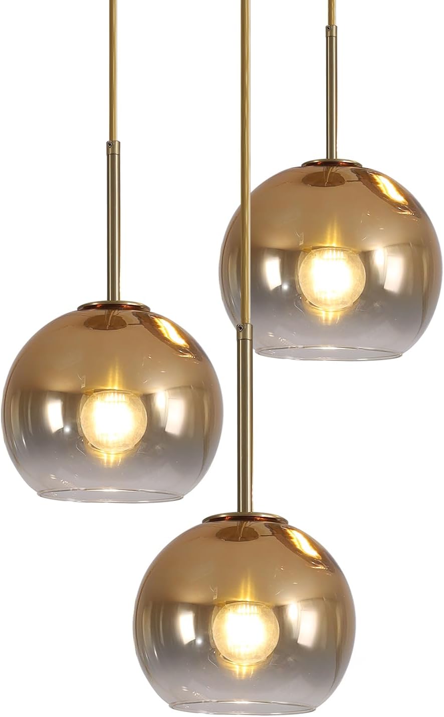 KCO Mid Century Modern 3 Light Gradient Gold Glass Globe Cluster Chandelier