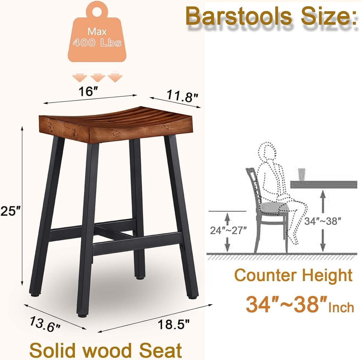 OUllUO Bar Stools Set of 3, Backless Saddle Barstools, 25" Counter Height Bar Stools, Solid Wood Counter Stools with Metal Frame, 521P-BBWD3