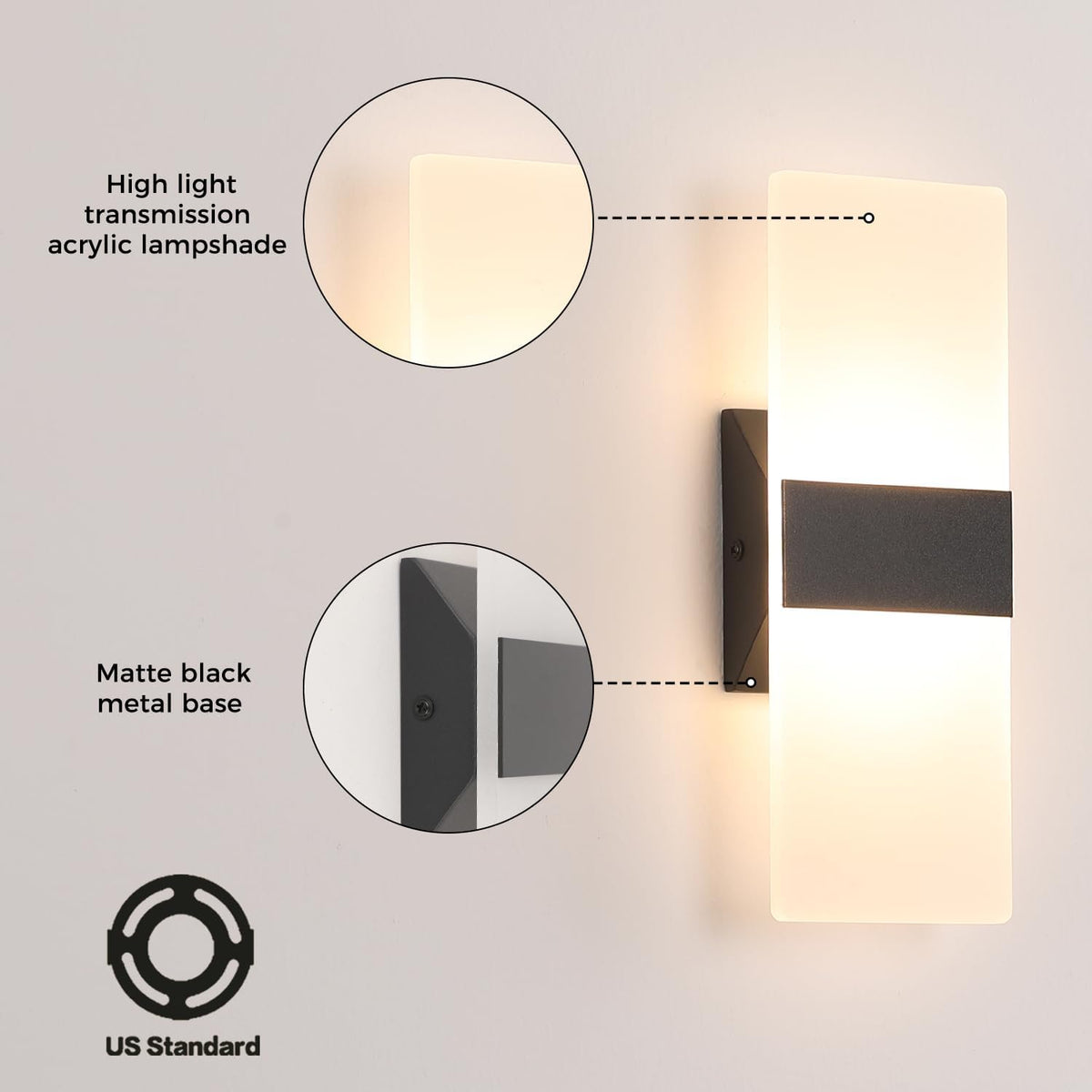 Modern Dimmable LED Wall Sconce Set of 2, Black Hardwired Light Fixture