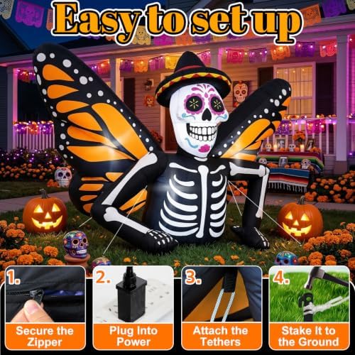 7FT Halloween Inflatables Skeleton with Butterfly Wings for Roof Yard Decor