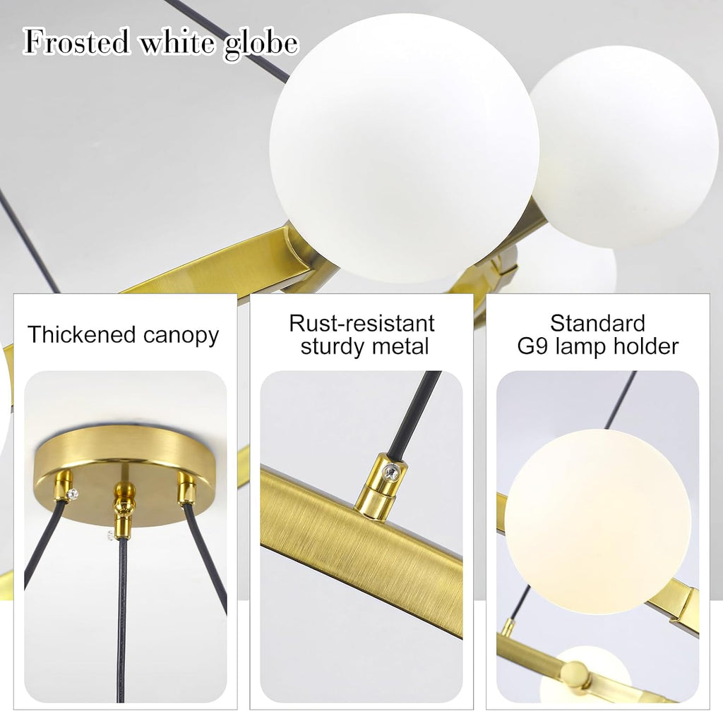 9-light brass sputnik chandeliers, white globe ceiling light shown in use