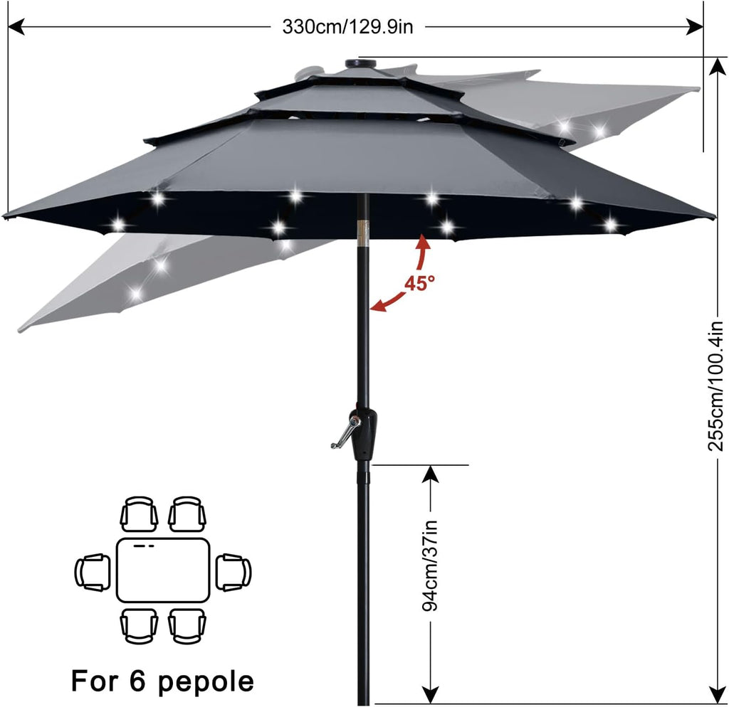 ABCCANOPY 11FT 3-Tier Solar Patio Umbrella, 32 LED Lights, Dark Gray