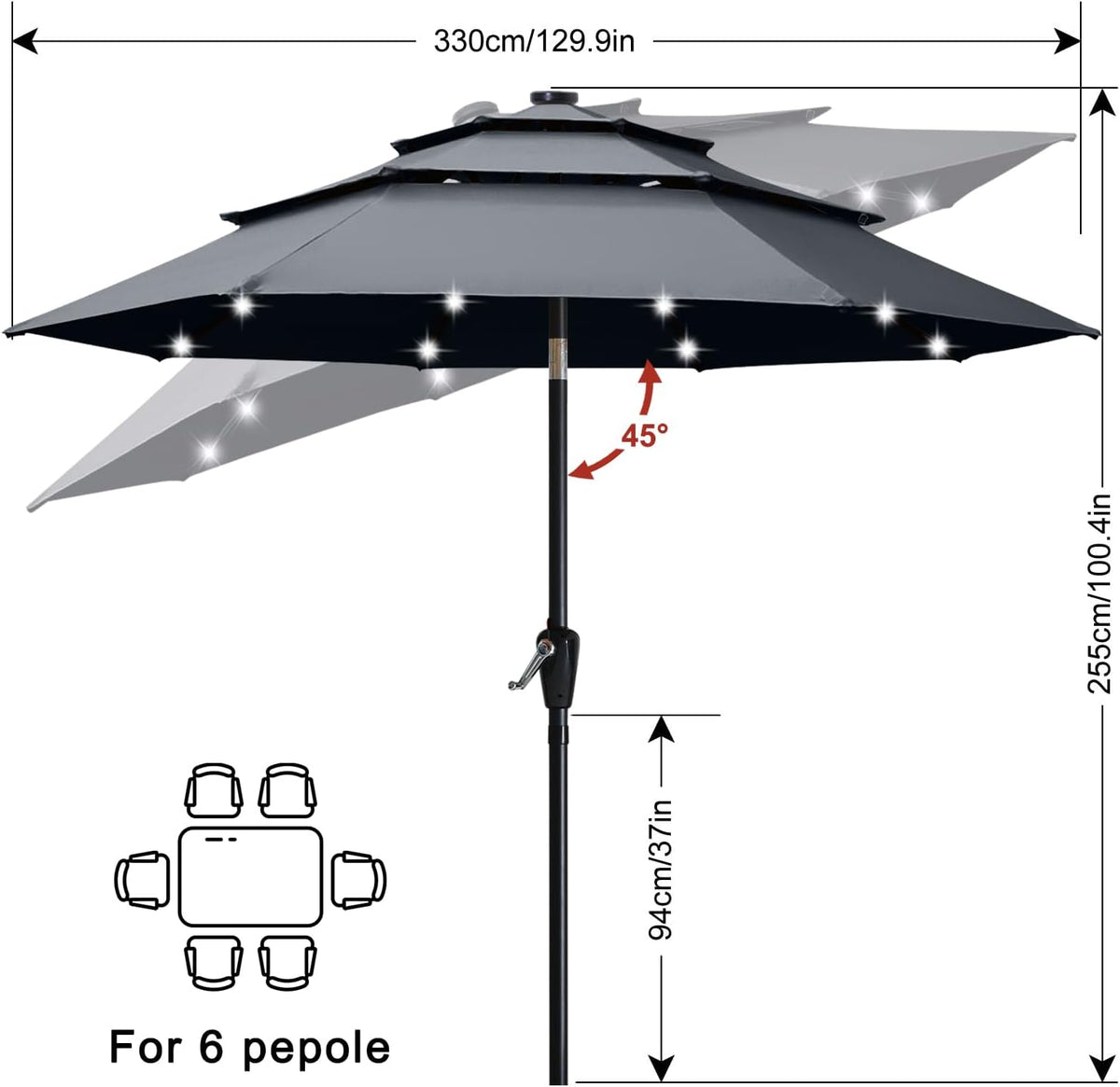 ABCCANOPY 11FT 3-Tier Solar Patio Umbrella, 32 LED Lights, Dark Gray