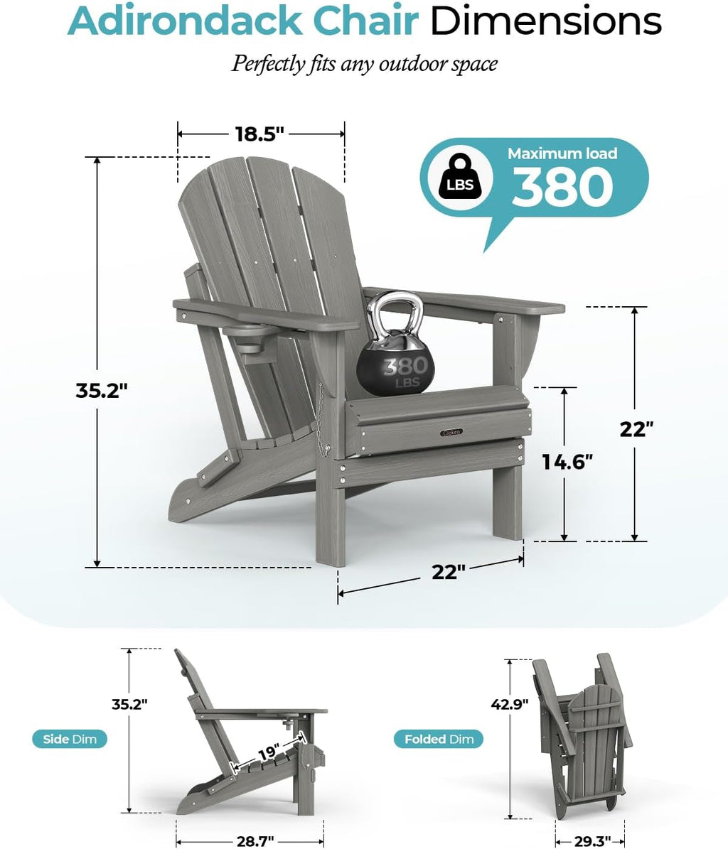 Ciokea Folding Adirondack Chair Wood Texture 4 Pack, Patio Adirondack Chair Weather Resistant, Plastic Fire Pit Chair with Cup Holder, Lawn Chair for Outdoor Porch Garden Backyard Deck (Grey)