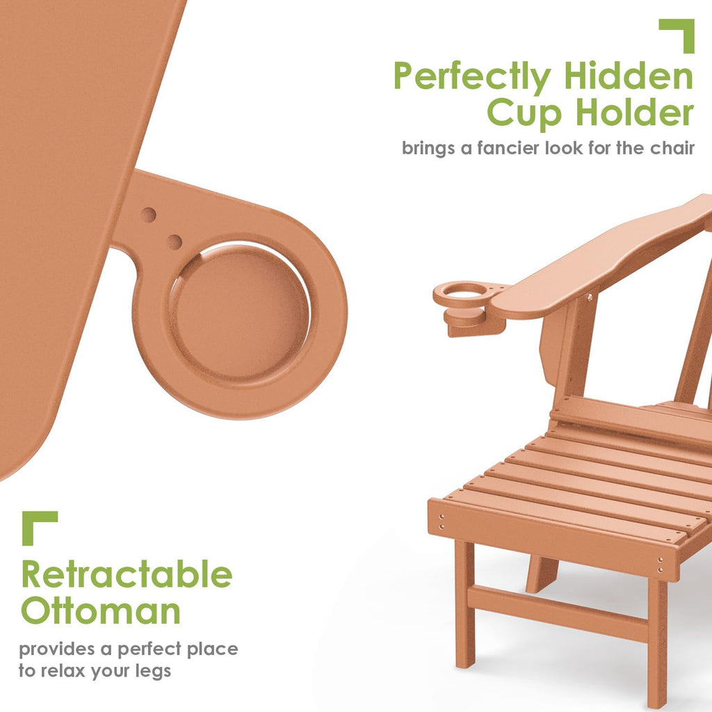 GREENVINES Adirondack-Chairs-with-Ottoman Set of 2, Folding，HDPE, Teak