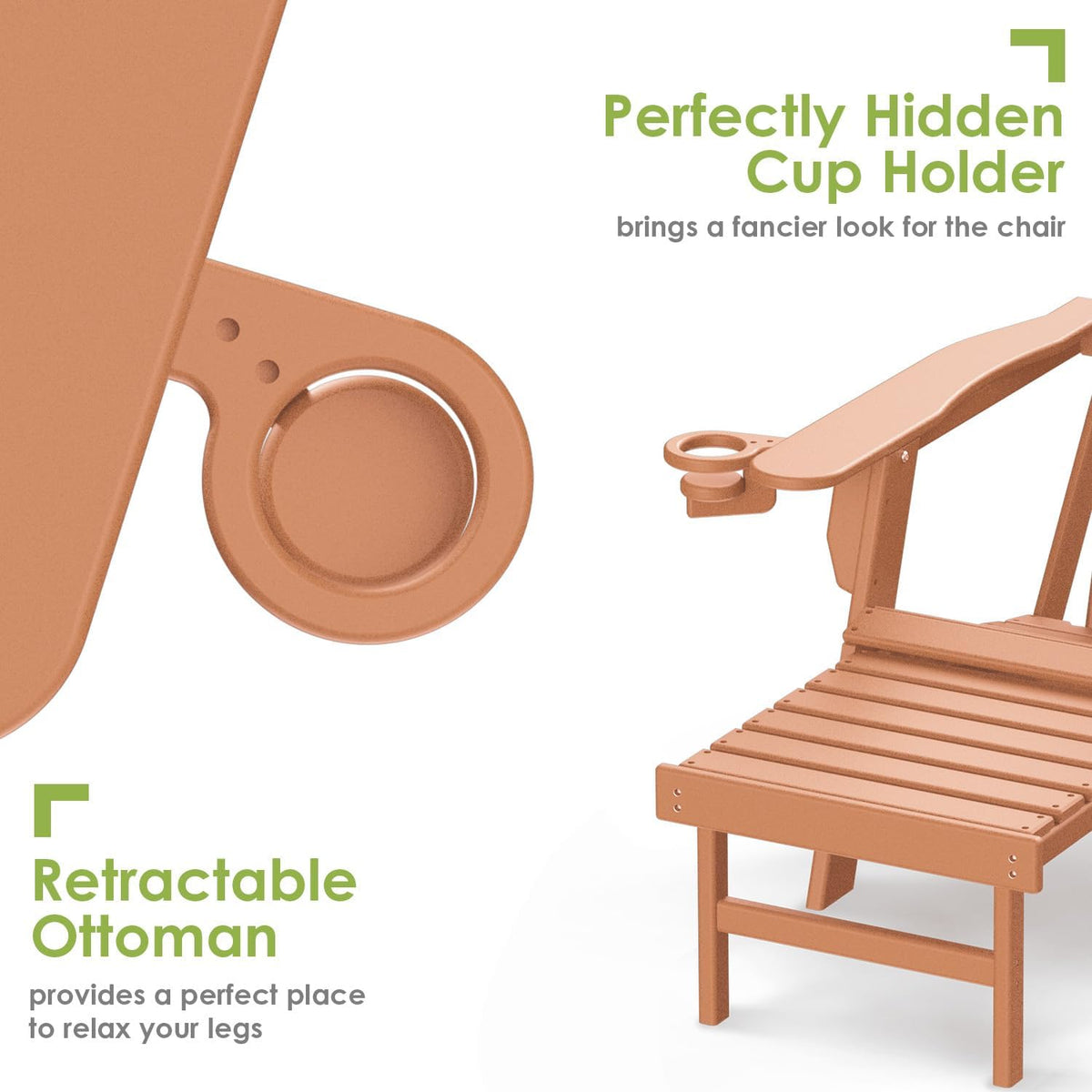 GREENVINES Adirondack-Chairs-with-Ottoman Set of 2, Folding，HDPE, Teak