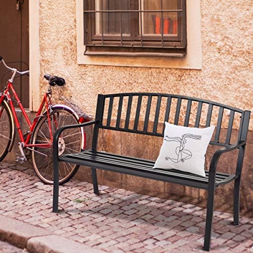 Giantex Outdoor Bench, 50” Patio Garden Bench with Steel Frame, Slat Design, 500 Lbs Weight Capacity, Patio Seating Bench for Porch, Backyard, Poolside, Outside Decor Furniture, Park Loveseat, Black
