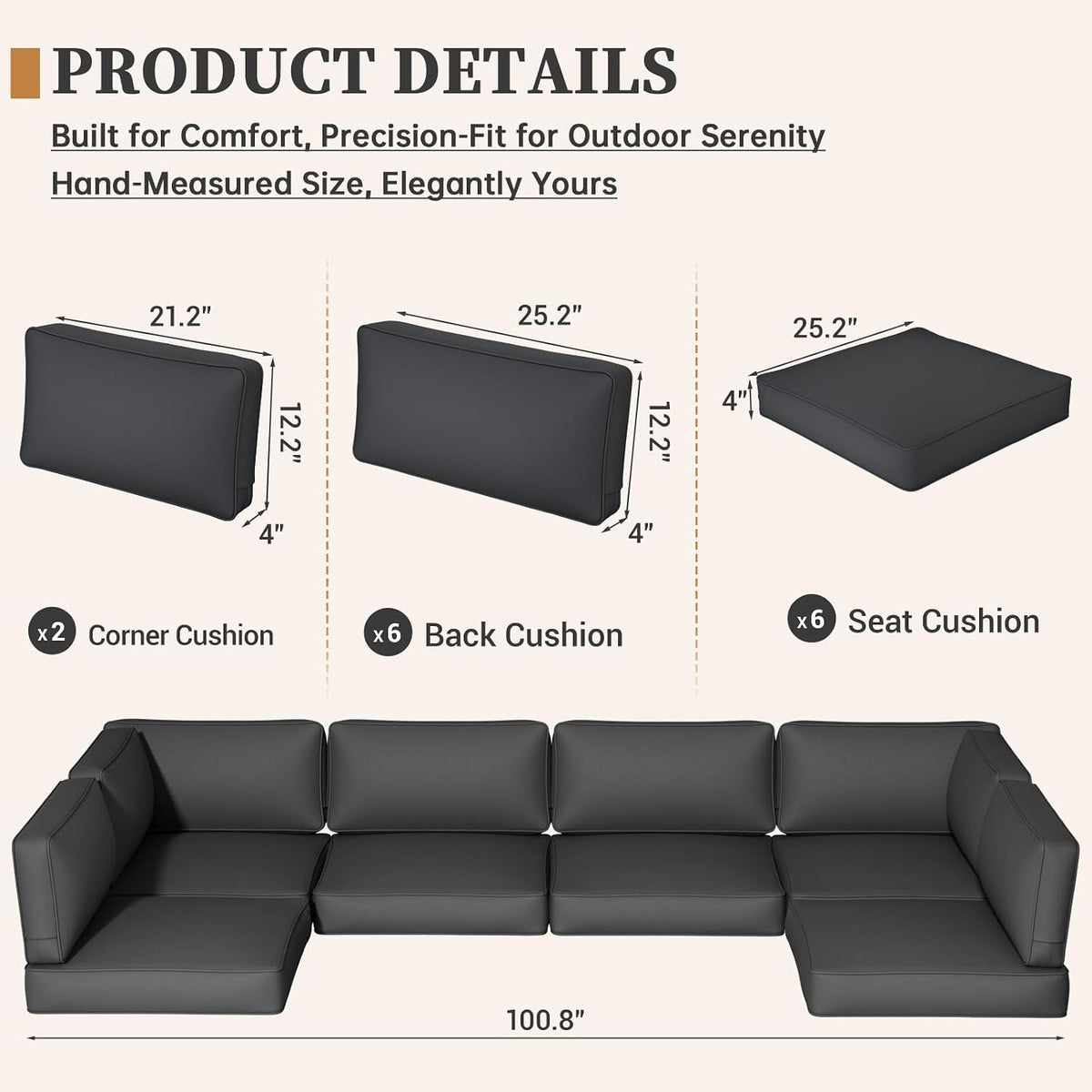 Replacement Cushions for Patio Furniture, 14-Piece Outdoor Cushions (Grey)