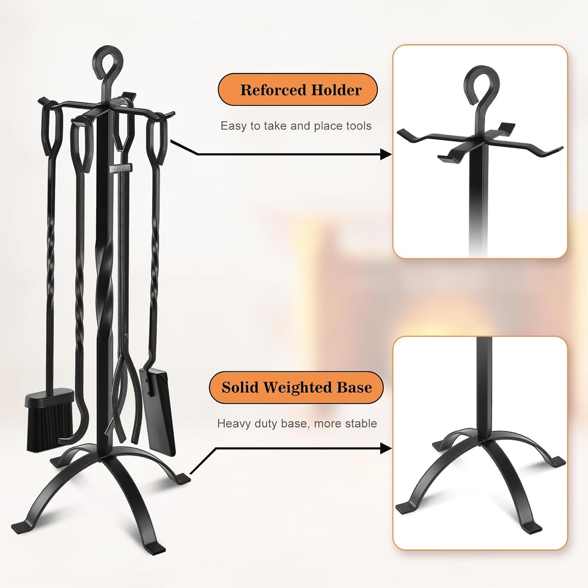 Gtongoko 32" Fireplace Tools Set, 5-Piece Solid Wrought Iron with Stand