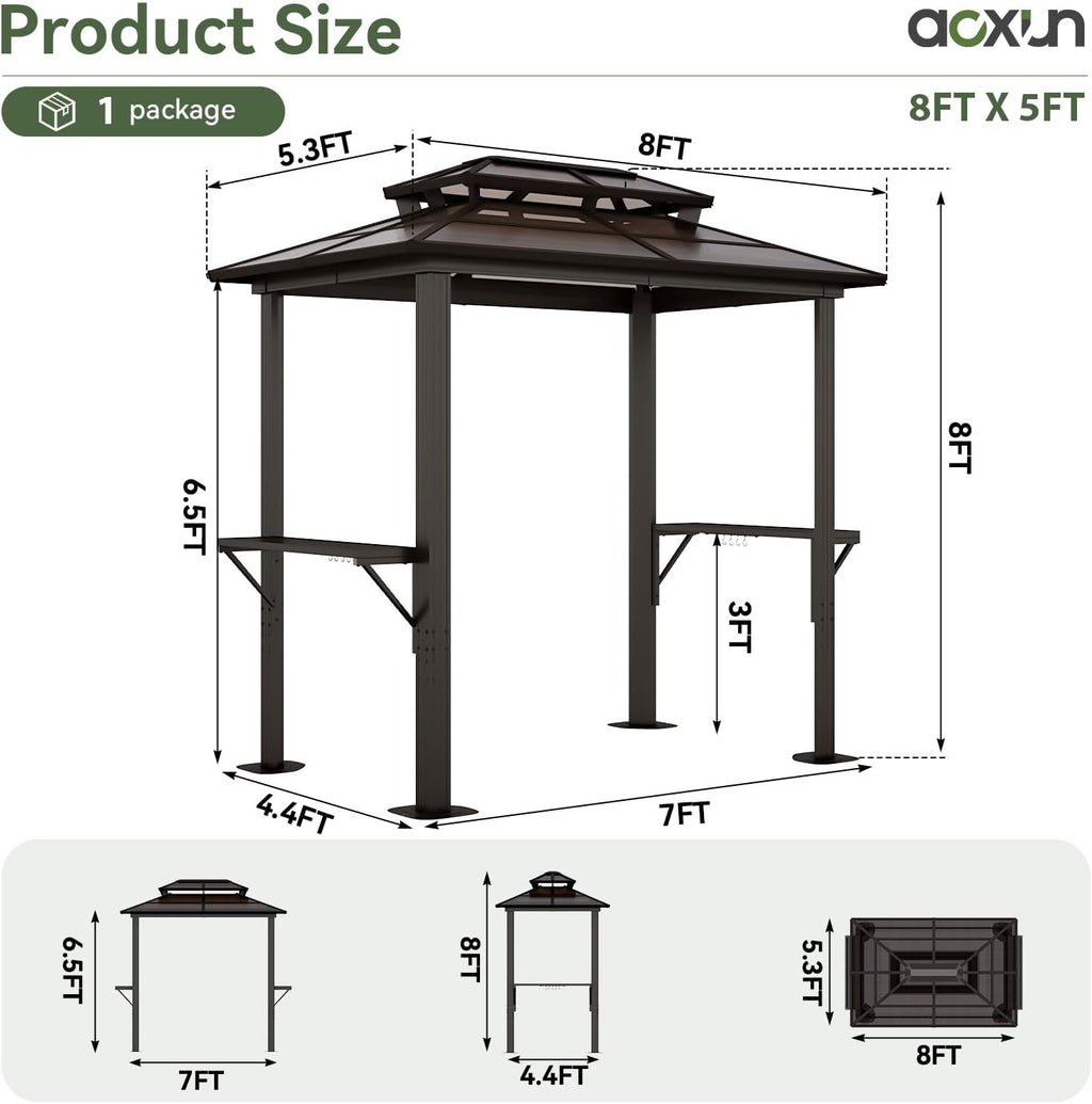 Aoxun 8'x5' Hardtop Grill Gazebo with Double Polycarbonate Top, Brown