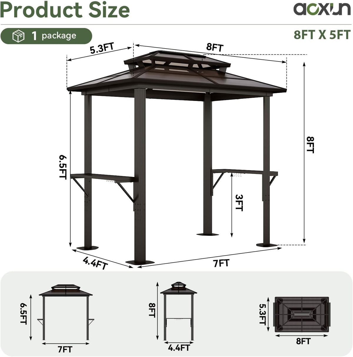 Aoxun 8'x5' Hardtop Grill Gazebo with Double Polycarbonate Top, Brown
