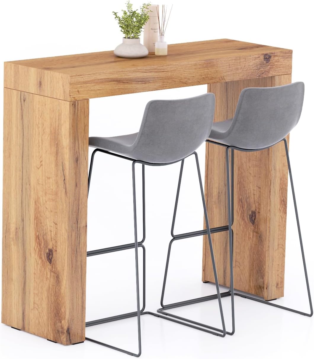 Mobili Fiver Evolution Tall Kitchen Bar Table Made in Italy | Space Saving, Counter Height Table for 2 | Modern Breakfast Bar Counter Top w/Cable Holder | Rustic Oak | 47,2 in x 15,7" in