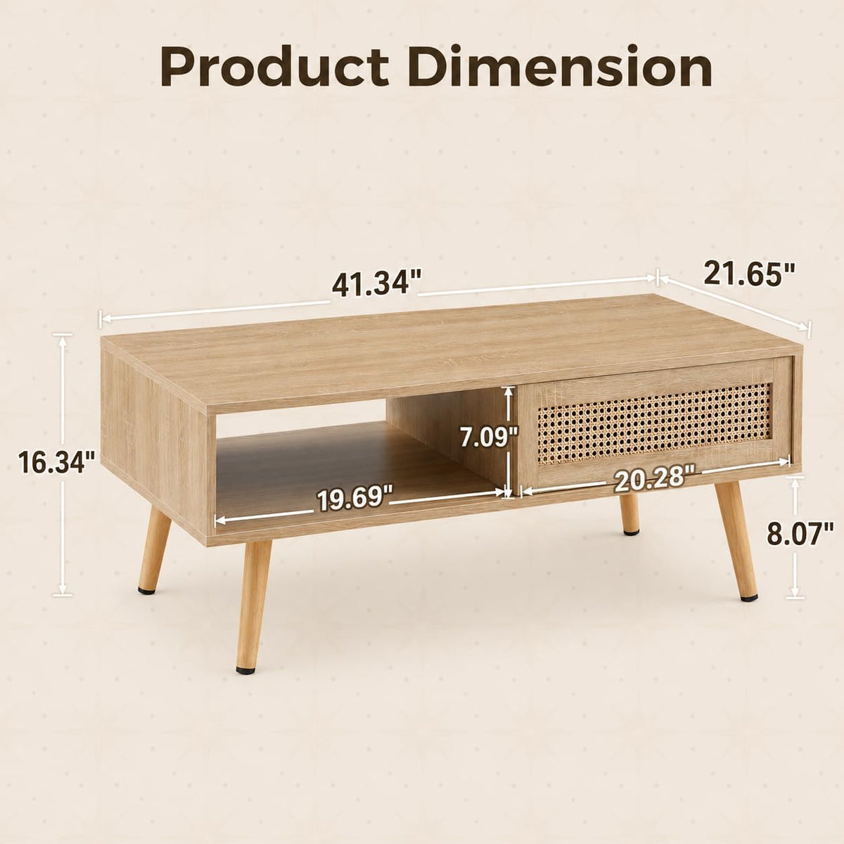 Rattan Coffee Table with Sliding Storage Door, 41.34'' Rectangular Wood Center Table with Solid Wood Legs, Modern Boho Living Room Coffee Table for Apartment, Light Wood