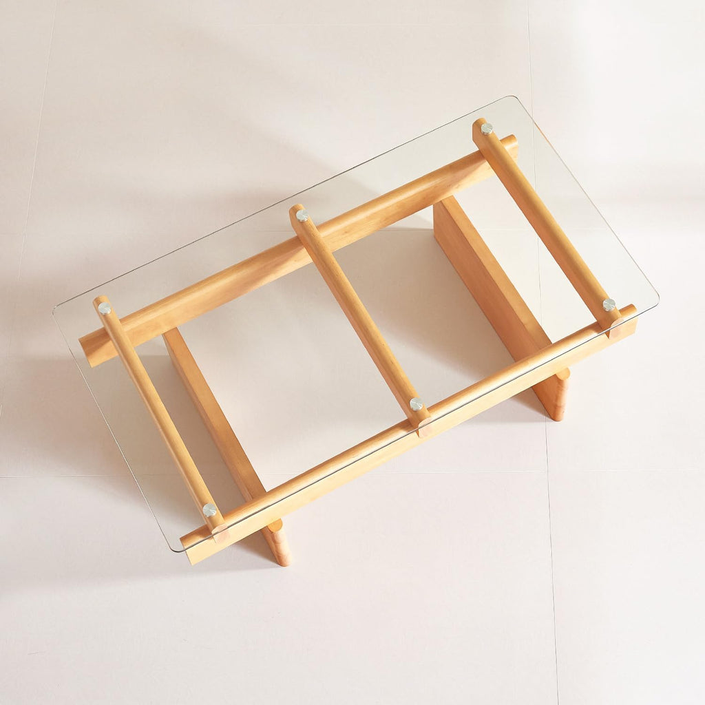 Finekoze Glass Coffee Table for Living Room,100% Solid Wood Coffee Table with Rectangular Tempered Glass Top,Mid Century Modern Coffee Table,Wood