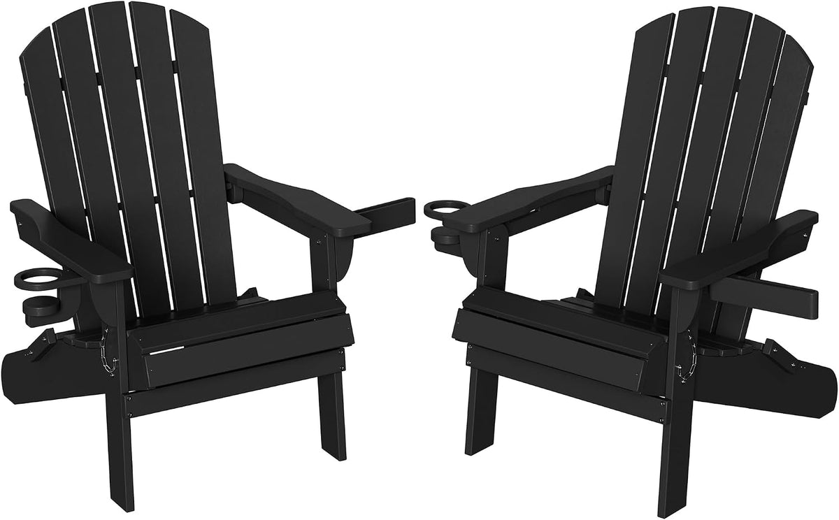 Shintenchi Folding Adirondack Chairs Set of 2,HDPE All-Weather Patio Chairs with Cup Holder & Phone Holder,Wooden Textured Fire Pit Chairs for Patio,Outside,Deck,Backyard,Black
