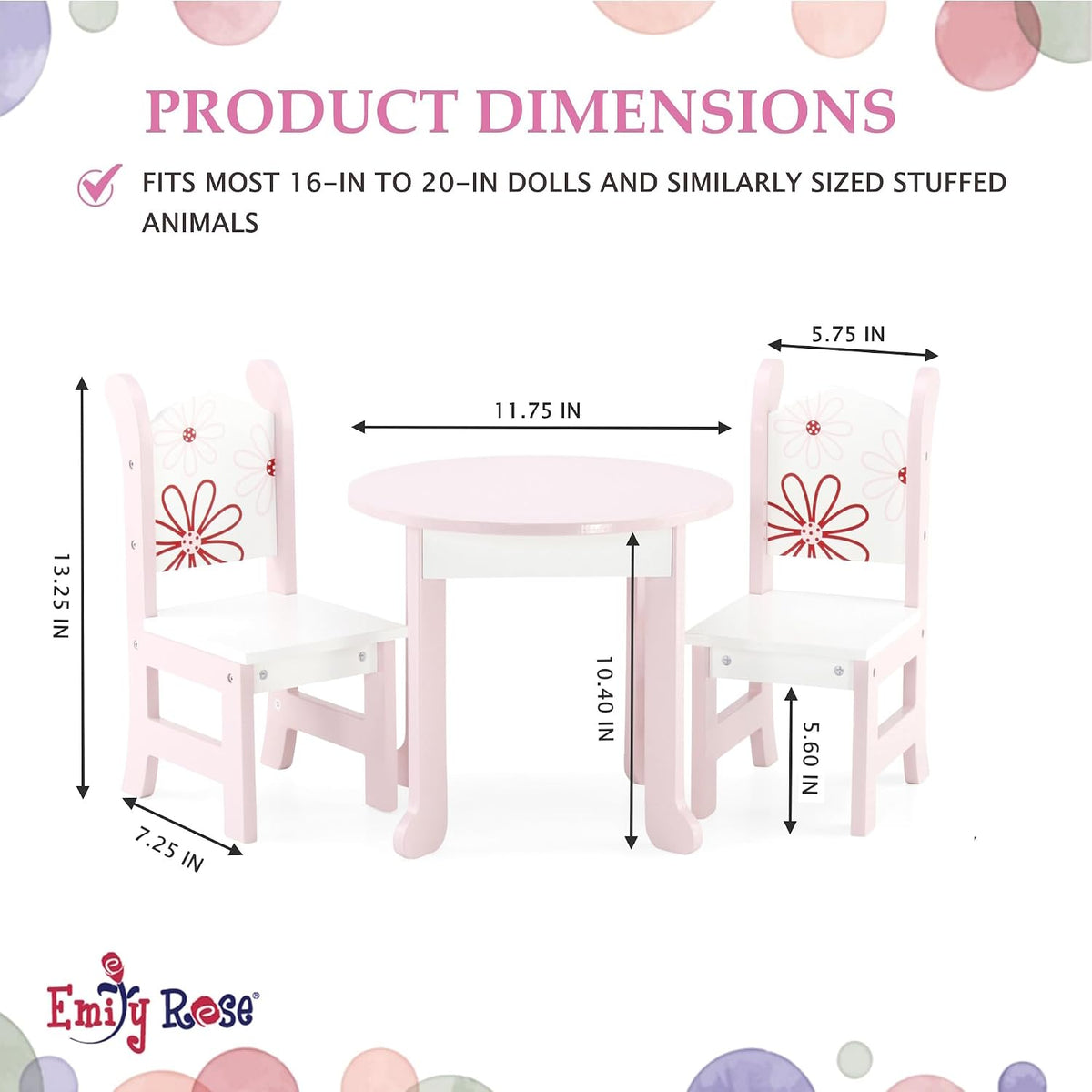 Emily Rose 18 Inch Doll Dining Table and 2 Chairs Set - Floral Collection