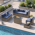 8-Piece Patio Furniture Set with 44” Fire Pit Table - All-Weather Wicker Conversation Sectional Sofa & Coffee Table with Thickened Cushions for Backyard, Garden(Navy Blue)