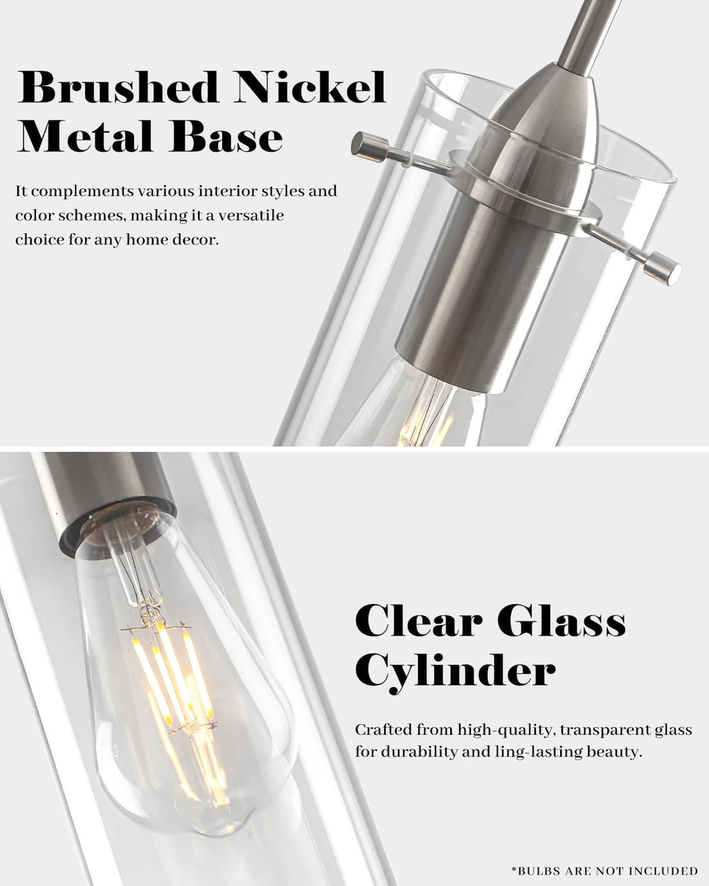 Glass Pendant Lights Kitchen Island 2 Packs, Brushed Nickel Pendant Light, Modern Clear Glass Pendant Light Fixture, Hanging Pendant Lights for Kitchen Island Dining Room Hallway