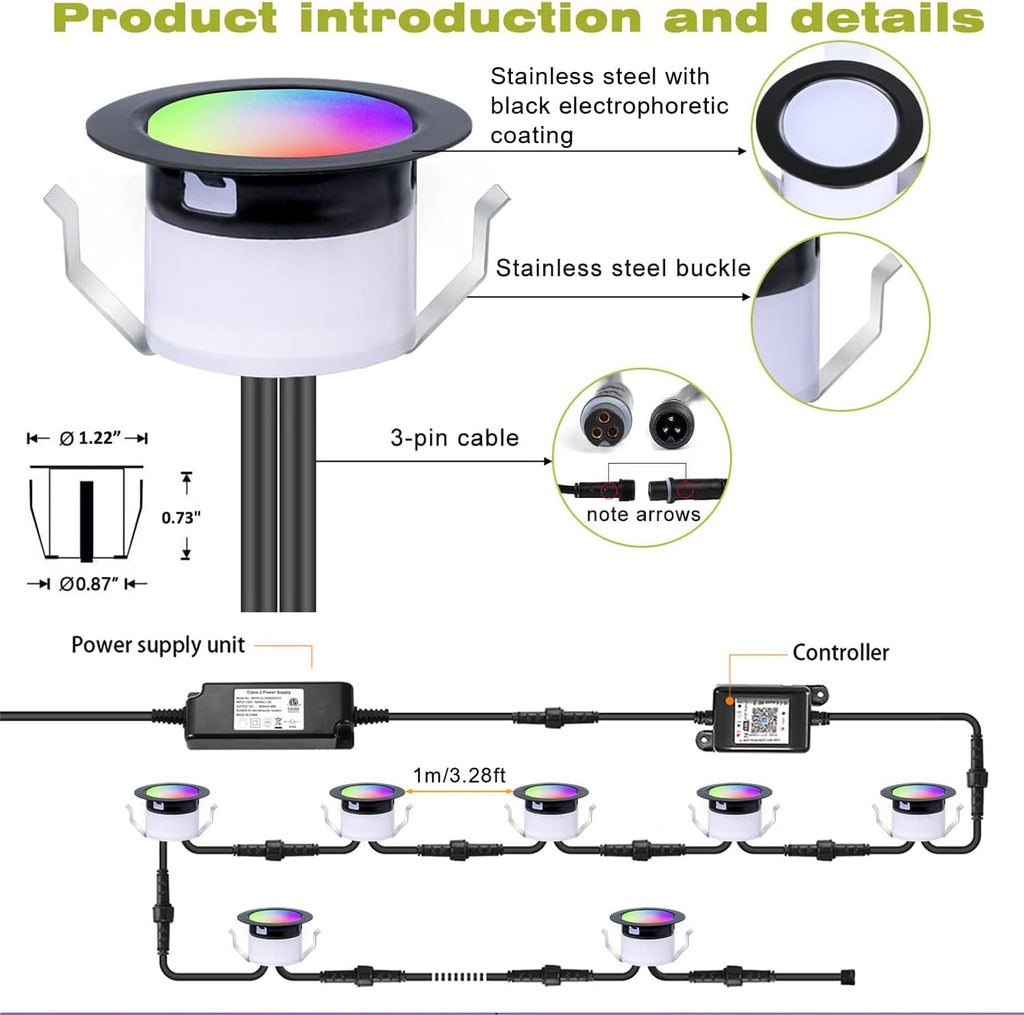 sumaote led deck lights kit, 30 pack 1.22", front angle view