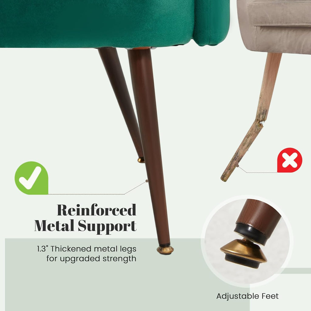 HOMREST Velvet Vanity Chair with Back,Mid-Century Modern Small Accent Chair for Living Room,Petal Backrest Decorative Chair,Pillow & Metal Legs-Plush Lounge Chair for Vanity,Living Room,Bedroom-Green