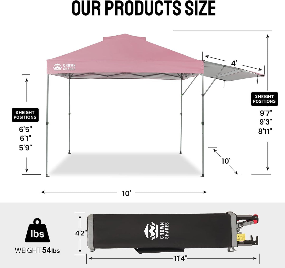 CROWN SHADES 10x10 Pop up Canopy with Adjustable Awning, Pink