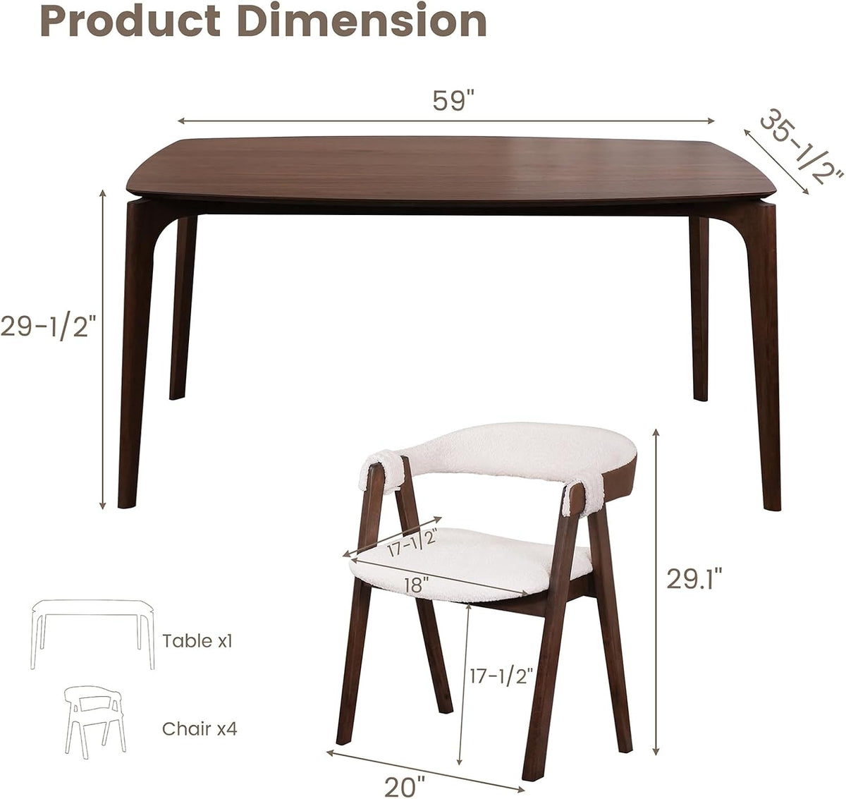 CONSDAN Dining Table for 4-6, Table Only, Walnut Veneer Top, Solid Wood Frame, Round Rectangular Shape, Softly Curved Edges, Elegant Look