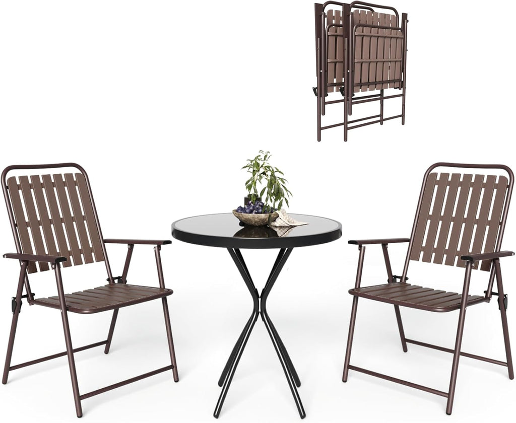 3 Pieces Patio Bistro Set Folding Small Table Chairs Set for 2 Outdoor Bistro Furniture Sets with Glass Coffee Table for Lawn Backyard Balcony Poolside (Set of 2)