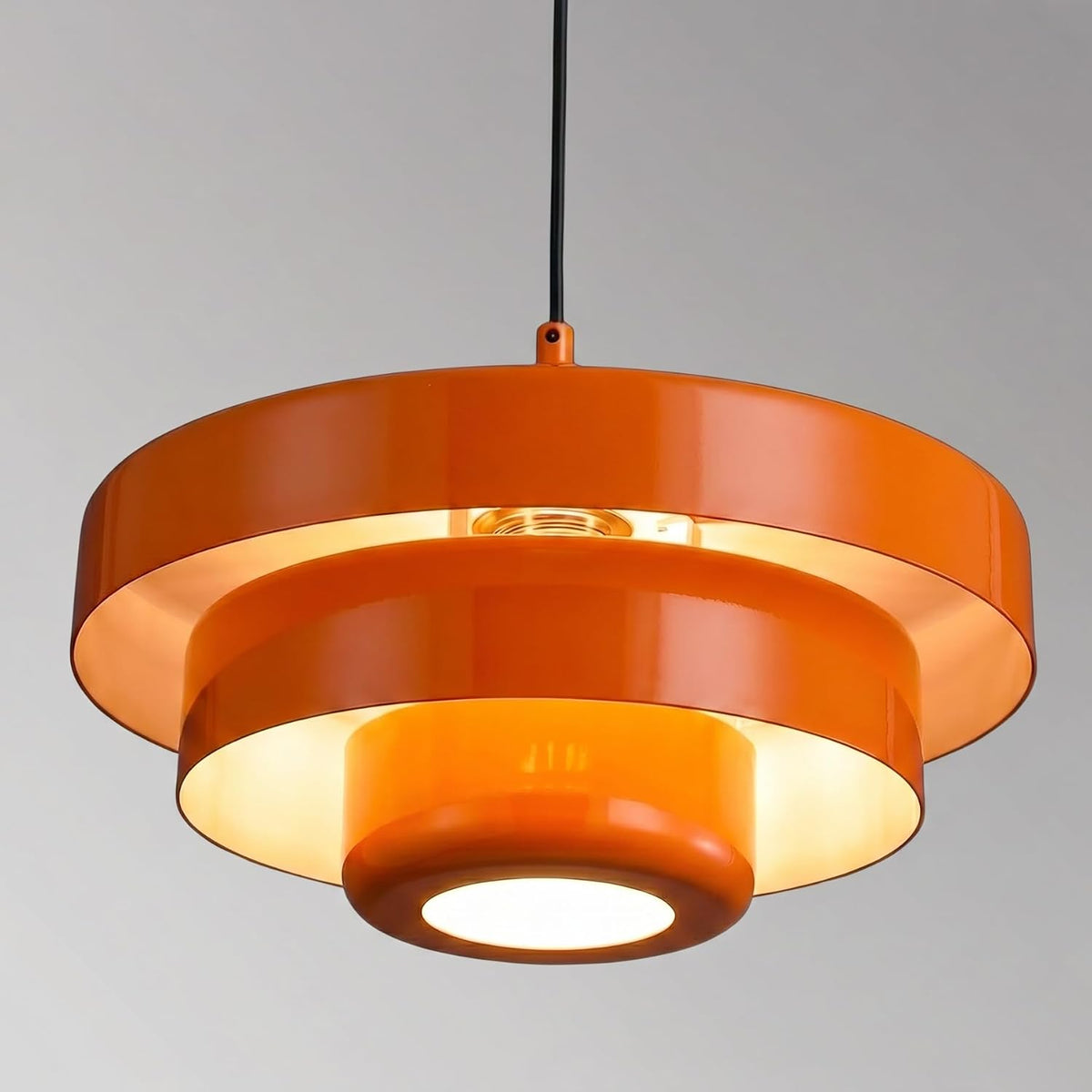 Modern Tiered Metal Pendant Light, Adjustable Height Ceiling Light Fixture, All-Metal Construction, Mid-Century Pendant Lighting for Kitchen Island Dining Room Living Room Hallway(Glossy Retro Orange)