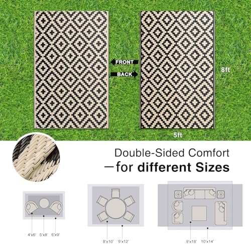 OLANLY Outdoor Rug 5x8 ft Waterproof Reversible Mat, Black & Beige