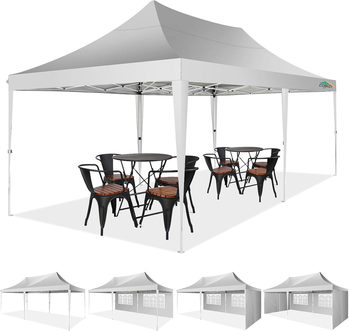 COBIZI 10x20 Pop up Canopy Tent with 6 Sidewalls, Easy up Canopy Tents for Parties with Metal Frame, Waterproof & UV50+, Height Adjustable, Portable Carry Bag Included (White)