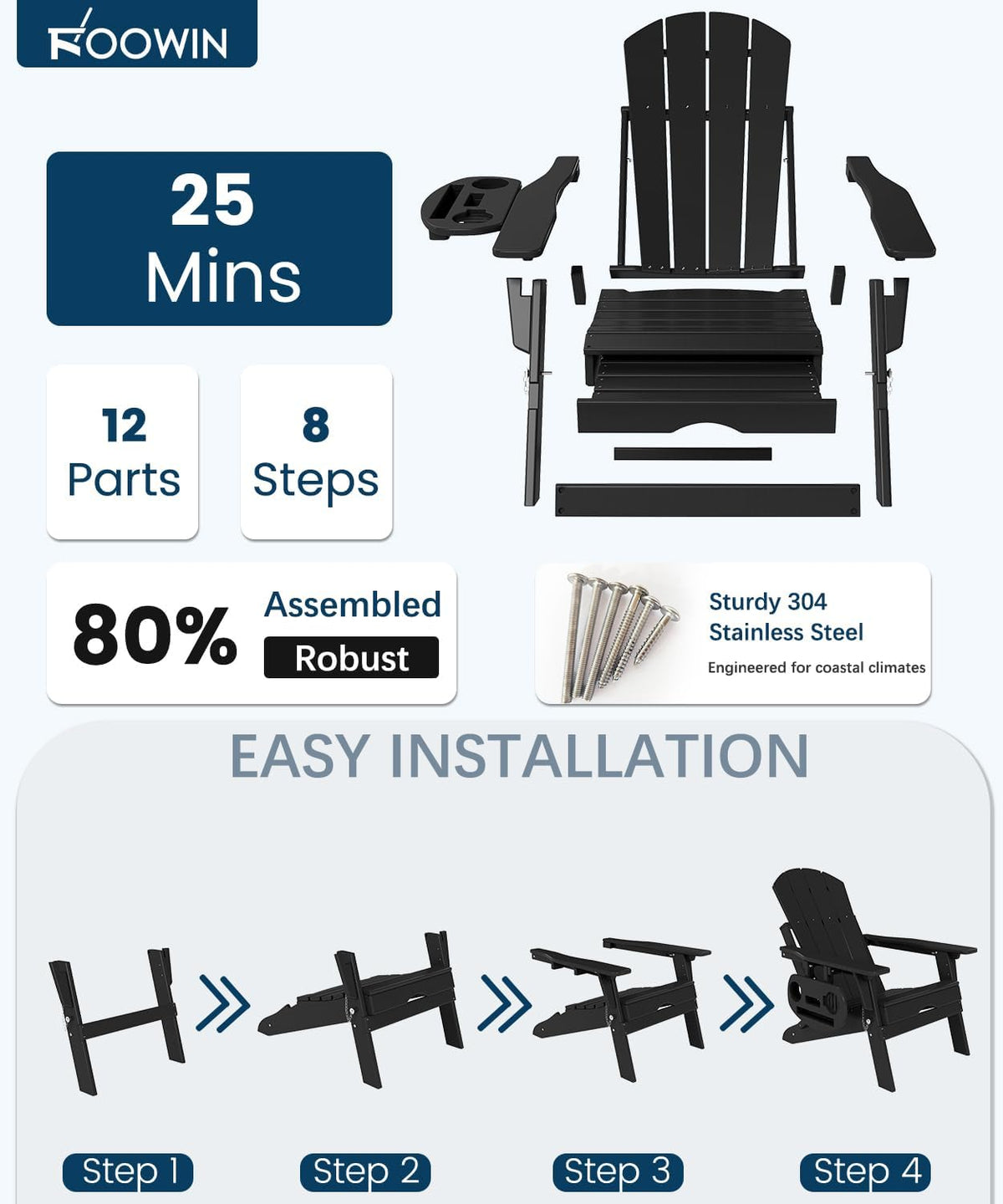 FOOWIN Folding Adjustable Adirondack Chair with Ottoman Set of 2