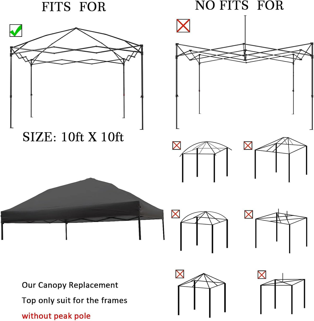 10x10 Canopy Replacement Top,300D Waterproof Pop Up Canopy Tent Cover for Straight Leg Frame,Silver Coated UV Protection,Hook & Loop Easy Setup,Top Cover Only,Frame Not Included,Black