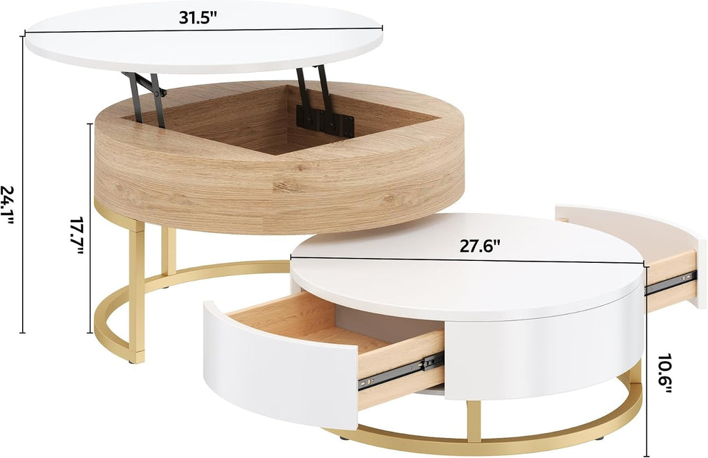 Modern Round Lift-top Nesting Coffee Tables with 2 Drawers for Living Room White & Natural