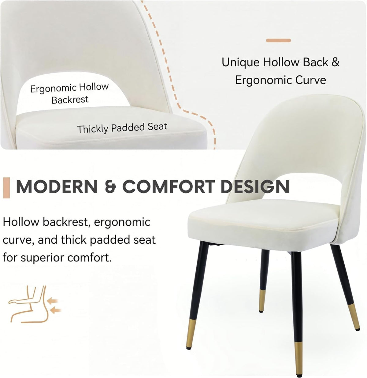 DUOMAY Modern Dining Chair Set of 2 with Open Back, Velvet Upholstered Armless Chair with Metal Frame Side Chair for Kitchen Dining Room Living Room, Beige