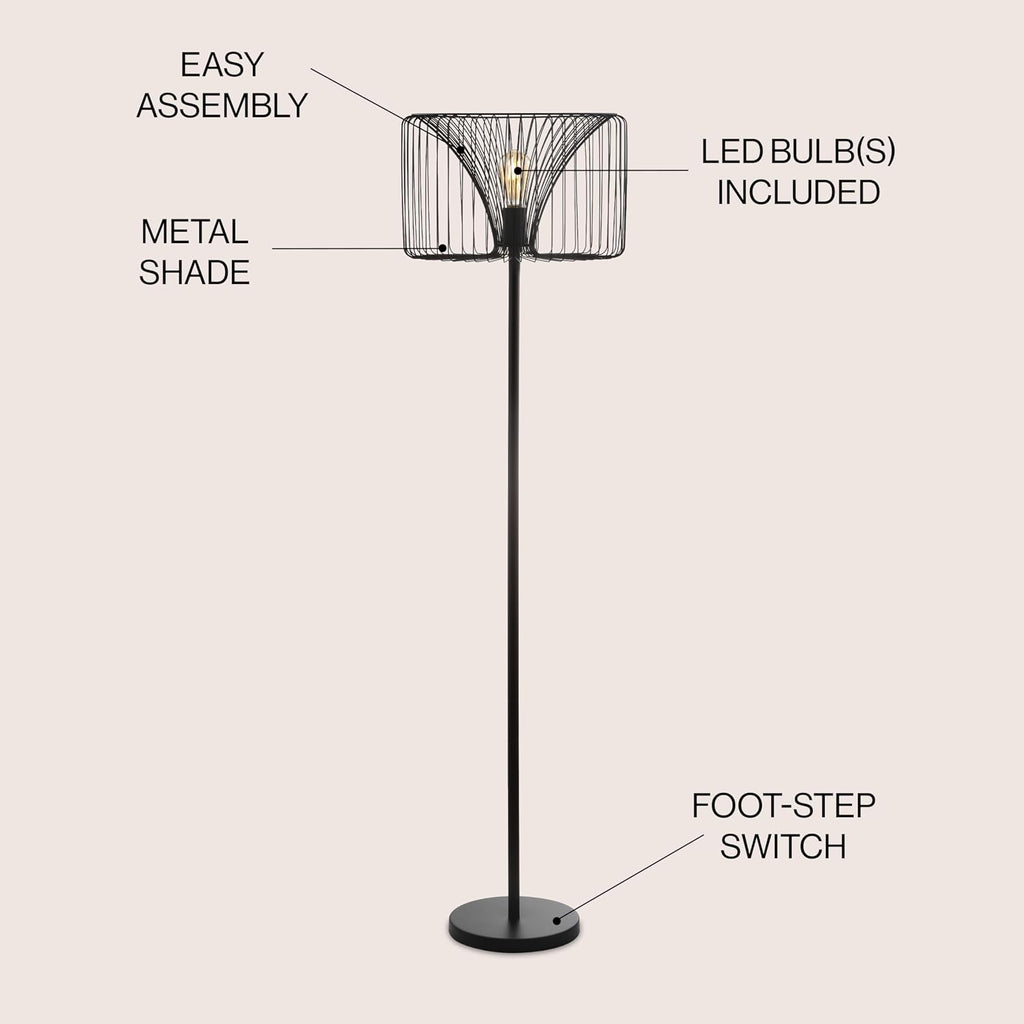 JONATHAN Y Gridley 61" Modern Industrial Metal LED Floor Lamp, Black