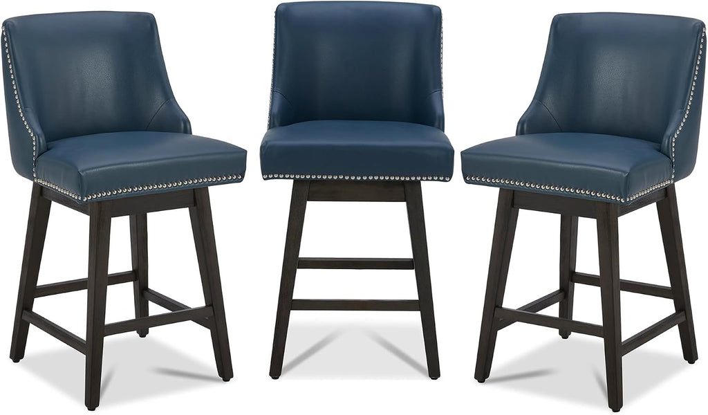 CHITA 26" Counter Height Swivel Bar Stools, Blue Faux Leather, 3-Pack