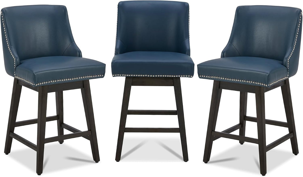CHITA 26" Counter Height Swivel Bar Stools, Blue Faux Leather, 3-Pack