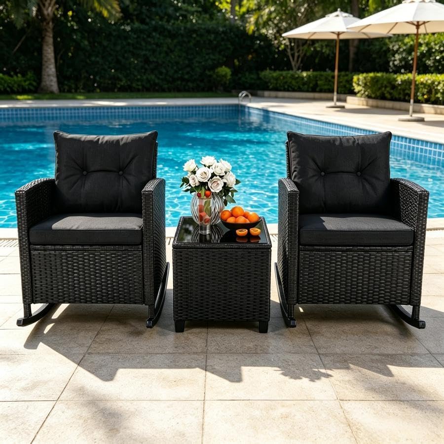 ORALNER 3 Pieces Patio Rocking Chair, Black Wicker Bistro Set (Black)