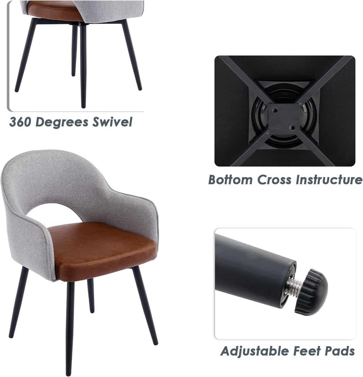 DUOMAY Modern Swivel Dining Chairs Set of 6, Linen & Faux Leather Upholstered Accent Side Chair with Metal Legs for Kitchen Dining Room Living Room, Light Gray & Brown