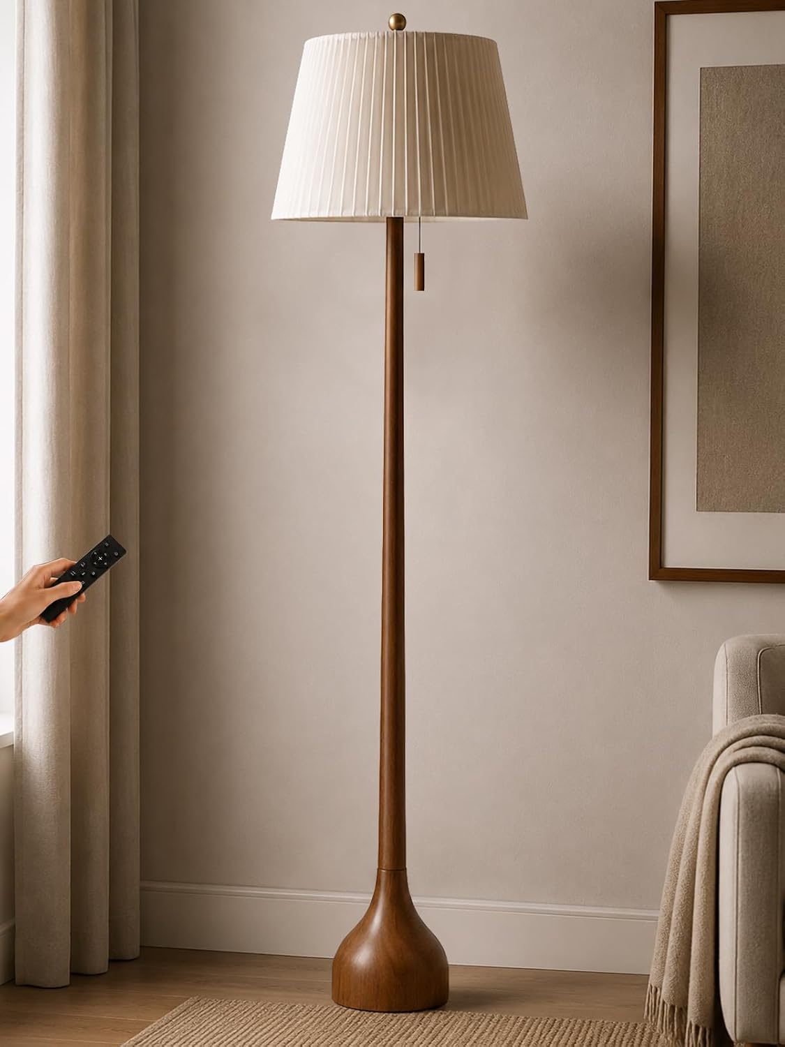MOFFE Mid Century Modern Real Wood Floor Lamp with Remote, 2 Shades