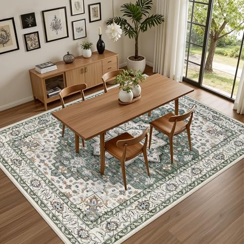 10x14 Area Rugs Living Room: Washable Rug for Bedroom Green Ivory